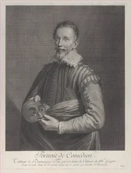 Portrett av en komiker: portrett av Francesco Andreini som holder en maske, 1729-40., 1729-40.