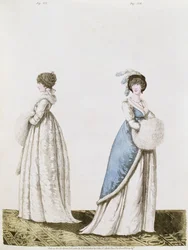 Ettermiddagskjoler fiken. 327 og 328 fra Nikolaus Heideloffs "Gallery of Fashion" Vol II februar 1802 (trykk)