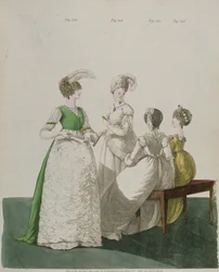 Fire jenter i ballkjoler fra "Gallery of Fashion" av N. Heideloff, april 1800