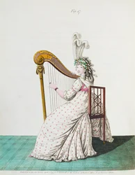 Dame som spiller harpe i aftenkjole fra Nikolaus Heideloffs Gallery of Fashion, Vol II, april 1795 (trykk)