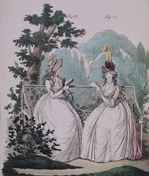 Morgenkjole, fiken. 23 og 24, fra Nikolaus Heideloffs "Gallery of Fashion", Vol I, september 1794 (trykk)