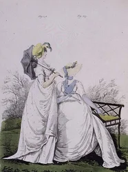 Morgenkjoler, fiken. 338 og 339 fra Nikolaus Heideloffs "Gallery of Fashion" Vol II, juni 1802 (trykk)