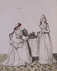 To damer til frokost i garderoben, iført natthetter og peignoirer, fra Nikolaus Heideloffs `` Gallery of Fashion 