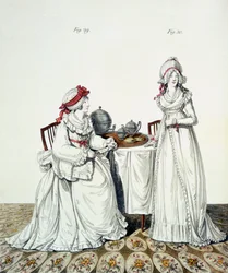 To damer til frokost i garderoben deres, iført natthetter og peignoirs, fra Nikolaus Heideloffs "Gallery of Fashion", Vol I, november 1794