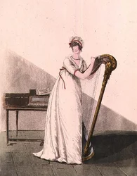 Ung kvinne med en harpe fra Heideloff "Gallery of Fashion", tidlig på 1800-tallet (farget gravering)