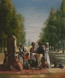 Tjenere ved en pumpe, ca. 1840 (olje på lerret)