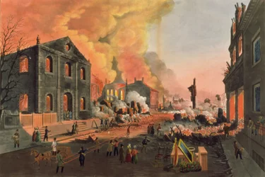 Utsikt over ruinene etter den store brannen i New York, 16.–17. desember 1835, gravert av WI Bennett, pub. av LP Glover, New York, 1835 (fargeakvatint)