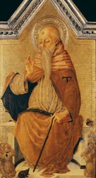 Saint Anthony Abbot tronet med Members of a Confraternity