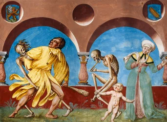 Døden, idiot og mor med barn fra Dance of Death-syklusen av Albrecht Kauw