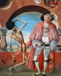 Dødshånende telling, detalj Døden, hertugen og greven fra Dance of Death-syklusen av Albrecht Kauw