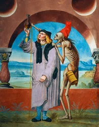 Death with Doctor, detalj av Death, Lawyer and Doctor fra Dance of Death-syklusen av Albrecht Kauw