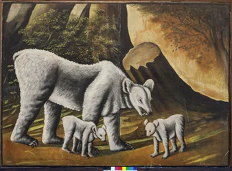 En bjørn med babybjørner av Pirosmani, Niko (1862-1918). Olje på voksduk, størrelse: 100x139