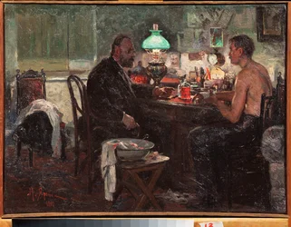 Chez le medecin (At The Doctor) - Maleri av Nikolai Alexandrovich Yaroshenko (Yaroshenko) (1846-1898), olje på lerret, russisk kunst