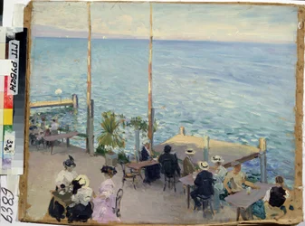 Genfersjøen, Genève (Sveits), kafé. (The Lake Geneva. Cafe). Maler av Nikolai Alexandrovich Klodt (1865-1918), olje på lerret
