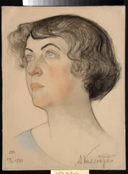 Portrett av Alexandra Mikhailovna Kollontai (1872-1952), russisk kommunist og sovjetisk politiker (Alexandra M. Kollontai) - Tegning av Nikolai Andreevich Andreev (1873-1932) blod og kritt på papir (32,2x24,3 cm)