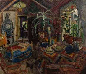 Interiør med vugge, ca. 1925 (olje på lerret)