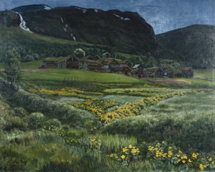 juninatt og gammelt vestlandstun (olje på lerret)