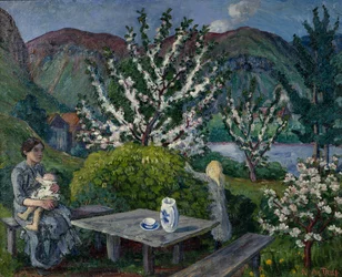 Mor og barn ved hagebordet (olje på lerret)