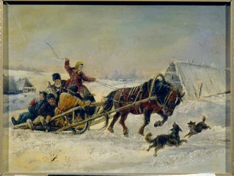 Mardi Gras (fastelavn). (Etter festlighetene følger en kvinne de fulle mennene på hennes hestetrukne slede). Maleri av Nikolai Yegorovich Sverchkov (Nicolas Swertschkoff) (1817-1898), olje på lerret. russisk kunst