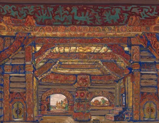 Tsar Berendeys palass. Scenedesign for teaterstykket Snow Maiden av A. Ostrovsky, 1912