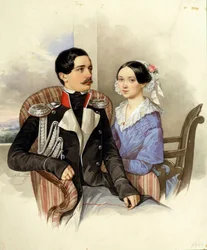 Portrett av grev Jakov Karlovich Sievers (1818-1865) og grevinne Vera Mikhaylovna (1818-1865) - Kunstverk av N M Alexeyev (1800-1850)