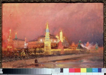 Illuminasjon av Kreml i Moskva. Bylandskap med russiske flagg og en folkemengde samlet på kaiene langs Moskvaelven, 1856-1900, 1896. Russisk kunst