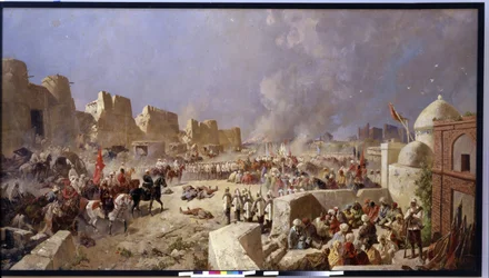 Den russiske hæren invaderer Samarkand (Usbekistan) (Den russiske hæren invaderte Samarkand). Periode med russisk ekspansjon til Sentral-Asia, russerne tar Samarkand i 1868. Maleri av Nikolai Nikolayevich Karasin (1842-1908), olje på lerret 1888. Kunst