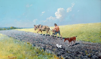 ""pløying"" Bonde som pløyer jordene sine, Russland Maleri av Nikolai Nikolayevich Karasin (1842-1908) 1899 Dim 16,5x27,5 cm Privat samling