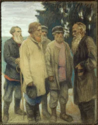 Leo Tolstoj med bønder / pastell av Bogdanow-Bjelski