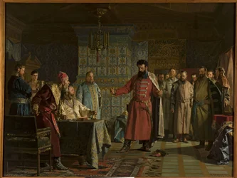 La querelle de Zakhary Petrovich Lyapunov (mort apres 1612) avec le tsar Vassili IV Chouiski (1552-1612) au Kremlin - Zakhary Lyapunovs krangel med tsaren Vasili Shuisky ved Kreml, av Nevrev, Nikolai Vasiich- (90430ev) (90430ev). Olje på lerret