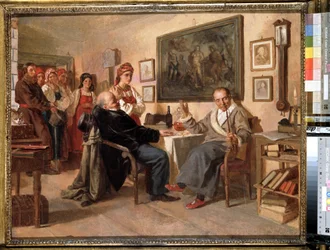 Serfmarkedet. (Markedet. Salg av livegne) Livegdom i Russland: En kjøper og en kjøpmann forhandler om kjøpesummen til en kvinne ved et salg av livegne. Maleri av Nikolai Vasilyevich Nevrev (1830-1904)