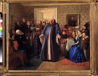 En protodiakon på kjøpmannens navnedagsfest. Maleri av Nikolai Vasilyevich Nevrev (1830-1904), olje på lerret, ca 1860. Russisk kunst fra 1800-tallet. Statens Tretyakov-galleri, Moskva
