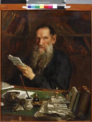 Leon Tolstoi - Portrett av forfatteren grev Lev Nikolayevich Tolstoy (1828-1910), av Orlow, Nikolai Vasilievich (1863-1924). Olje på lerret, slutten av 1800-tallet. Statens sentrale litterære museum, Moskva