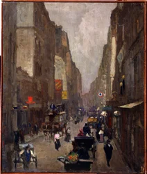 Rue Saint Denis i Paris (Rue Saint Denis i Paris). Maleri av Nikolai Vasilyevich Dosekin (1863-1935). Olje på lerret, 81,5 x 67,5 cm
