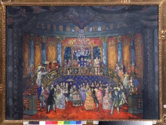 Ball. (Kveld med aristokratisk samfunn i et russisk palass). Verk av Nikolai Nikolayevich Sapunov (Sapunov) (1880-1912), tempera på papp