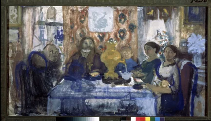 Drikk te. En familie samlet rundt et bord med en samovar i sentrum. Verk av Nikolai Nikolayevich Sapunov (Sapunov) (1880-1912), tempera på papp