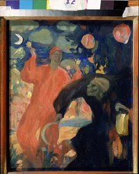 Til minne om Nikolai Sapunov (Sapunov) (1880-1912) (Til minne om N. Sapunov). Døden personifiserte bukker og flykter foran en smilende livsfigur, vinkende maracas. Verk av Nicolas (Nikolai) Dimitrievich Millioti (1874-1962), olje på kort