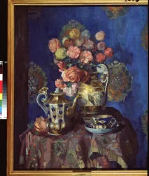 Stilleben med blomster. Verk av Nikolai Nikolayevich Sapunov (Sapunov) (1880-1912), tempera og pastell på papp. Russisk kunst tidlig på 1900-tallet, moderne kunst. Statens russiske museum, St. Petersburg.