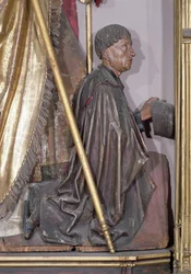 Isenheim-altertavlen, Saint Augustine detalj av Jean dOrlier, giver, ca. 1490 gullmaling på tre