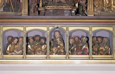 Treskjæringer av Kristus og de tolv apostlene, fra predellaen til retabelet i Isenheim-altertavlen, ca. 1490