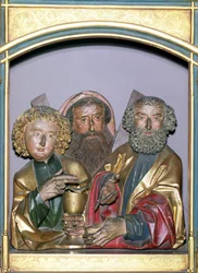 Treskjæringer av SS. John, Andrew og Peter, fra predellaen til Isenheim-altertavlen, ca. 1490 (malt tre)