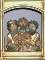 Treskjæringer av den hellige Jakob den eldre, den hellige Simon og den hellige Taddeus, fra predellaen til Isenheim-altertavlen, ca. 1490