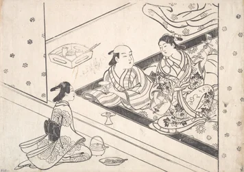 Lady Playing Shamisen, med hennes elsker og ledsager i nærheten.