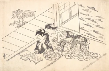To kvinner lener seg på gulvet i et rom og leser en bok, ca. 1730., ca. 1730.