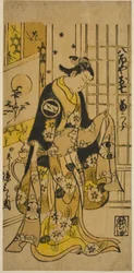 Skuespilleren Segawa Kikujiro I som Oshichi i stykket "Shochikubai Kongen Soga," fremførte på Ichimura Theatre i den tredje måneden, 1732