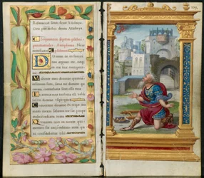 Tilstøtende blader fra en timebok: Botssalmer og kong David i bønn..., ca. 1530-35.