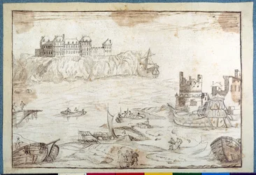 Et slott over klippene, med studier av galleoner og fiskebåter (penn og brunt blekk på papir)