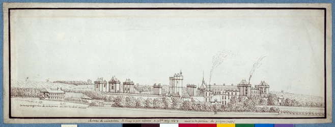 Chateau de Vincennes, med skorsteiner som røyker (penn og blekk på papir)