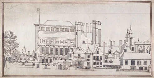 Whitehall med Holbein Gate og Inigo Jones's Banqueting House, ca. 1677 (penn og brunt blekk med grå vask)