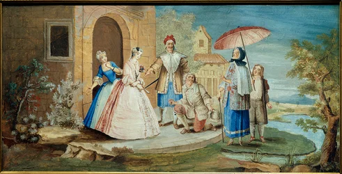 Komiker og dramatiker Jean Baptiste Poquelin dit Moliere (ett kne til bakken) og hans komikere i stykket Georges Dandin ou le mari confused””” i 1668. Julemaleri Coypel (1628-1707) 1668 Collection Jacques Lorcey